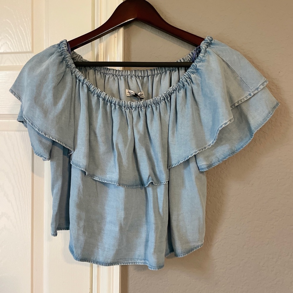 Zara Blue Ruffled Off-the-Shoulder Sleeveless Blouse